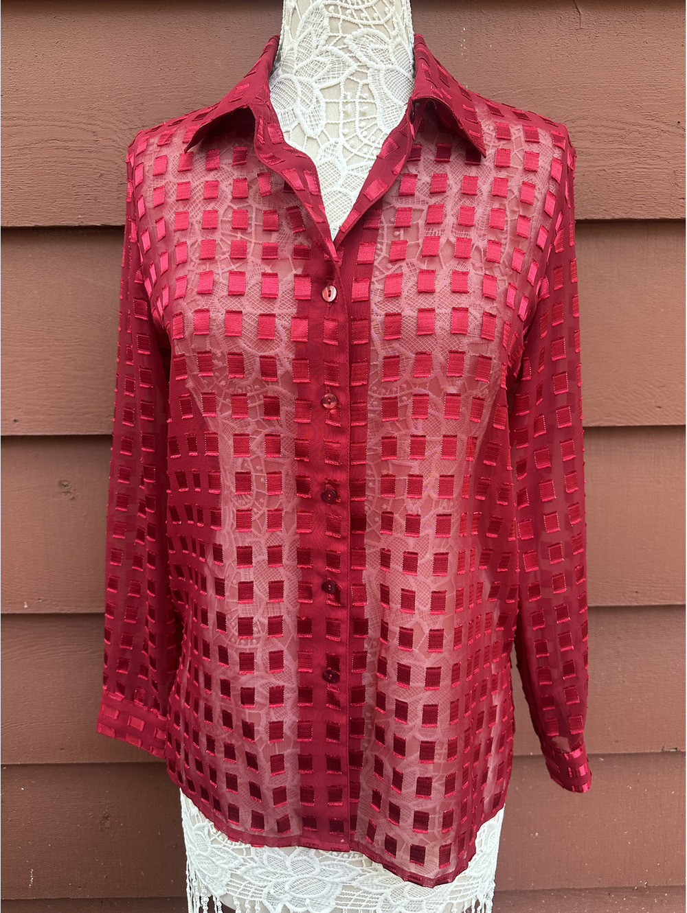 Notations Vintage Sheer Red Checkered Burnout Blouse Y2K‎ Indie Office
